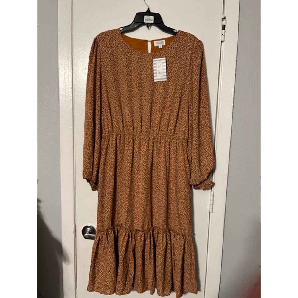 Tulip B by J317 Womens XL Rust Brown Heart Long Sleeve Tiered Midi Dress NWT